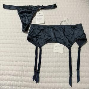 Mimi Holliday Matching Silk Garter Belt & Thong Panty Sz S Small NWT Smoke Blue